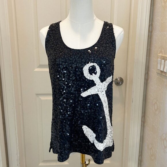 J. CREW Sequin Anchor Tank Top in Size Medium Navy Blue and White - Picture 2 of 7